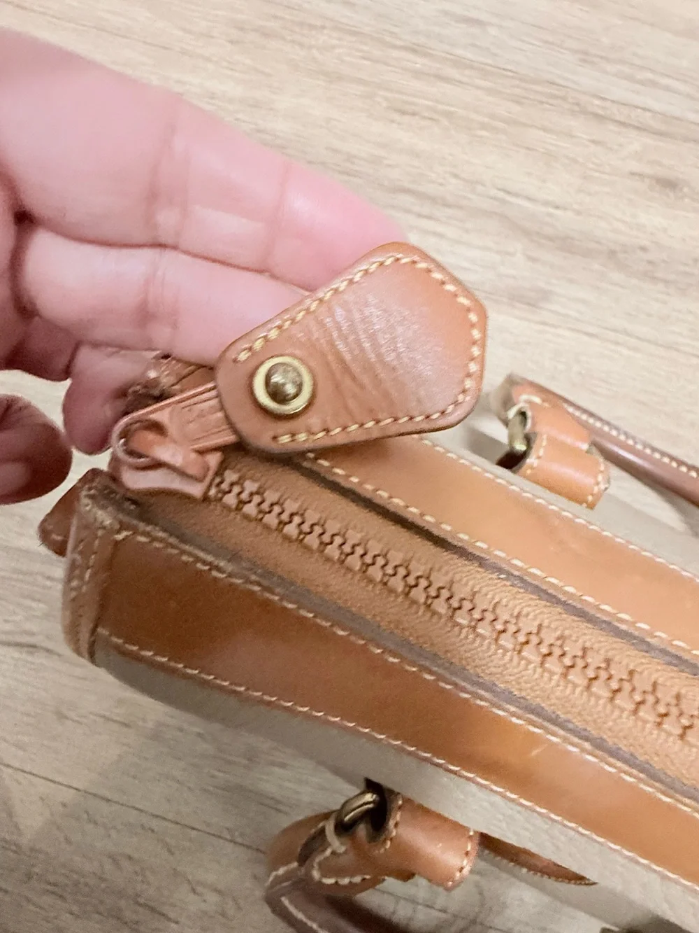 Vintage Dooney & Bourke Taupe Pebbled Leather Satchel with Tan Trim